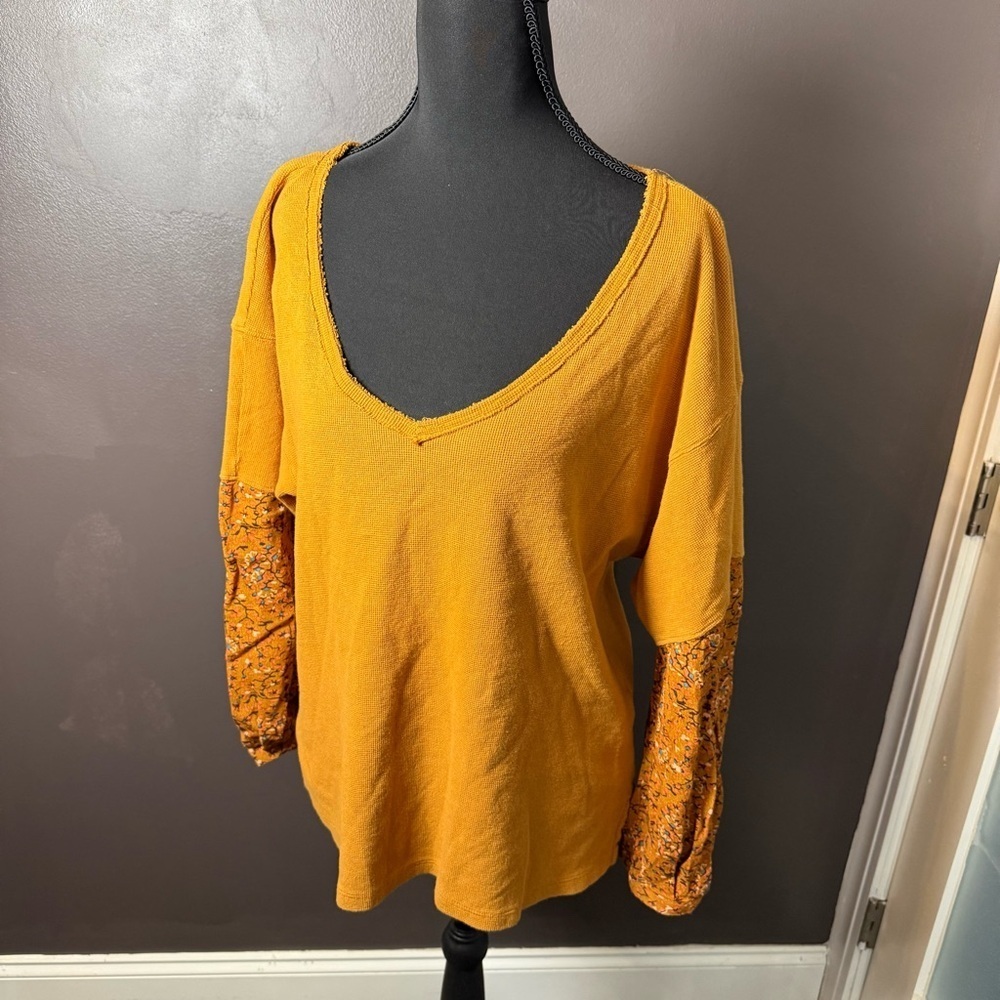 Anthropologie Mustard Waffle Knit Floral Sleeve Top | Boho | Size XS